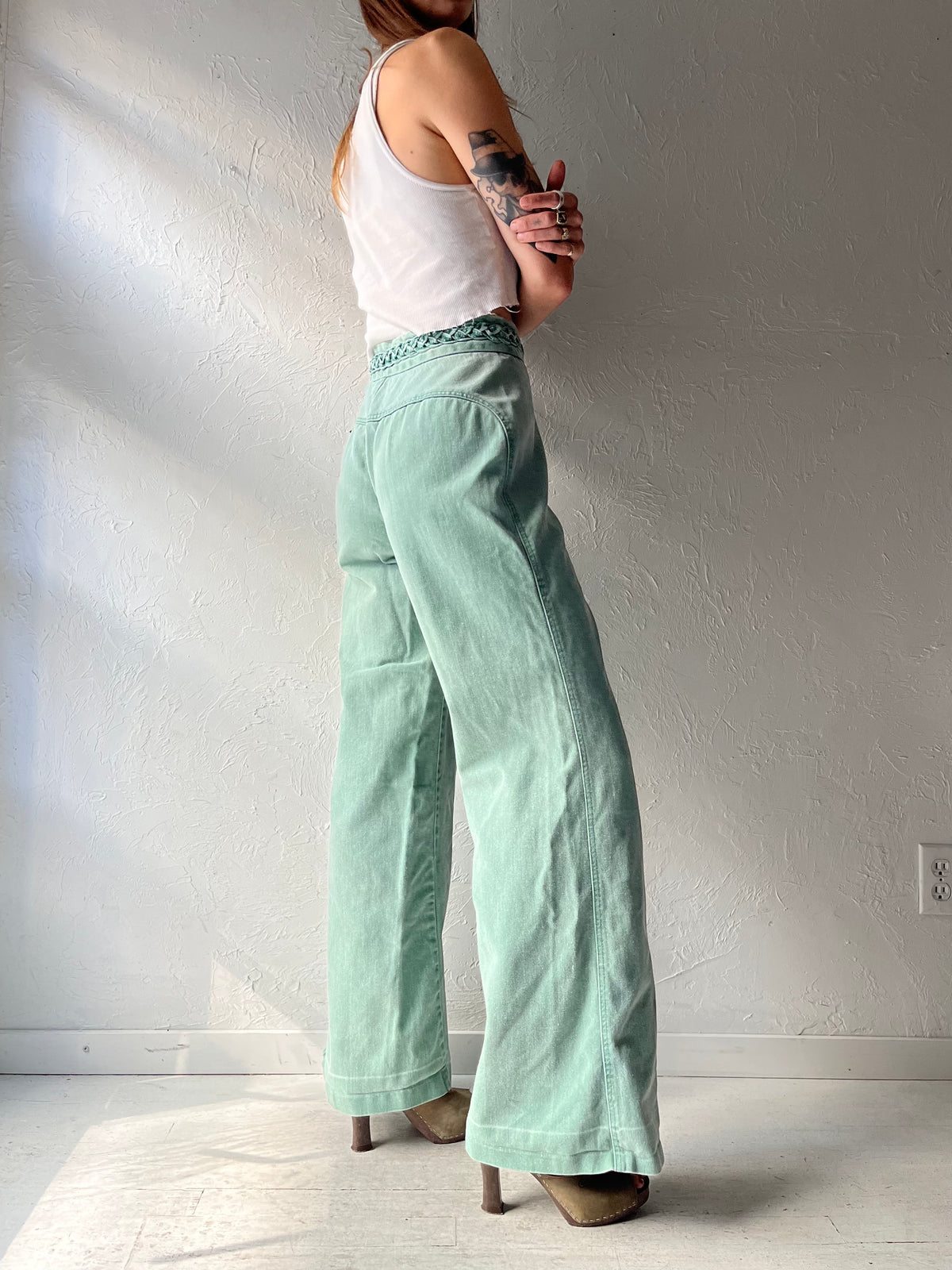 70s 'Whats In A Name' Green Bell Bottom Retro Jeans / Small