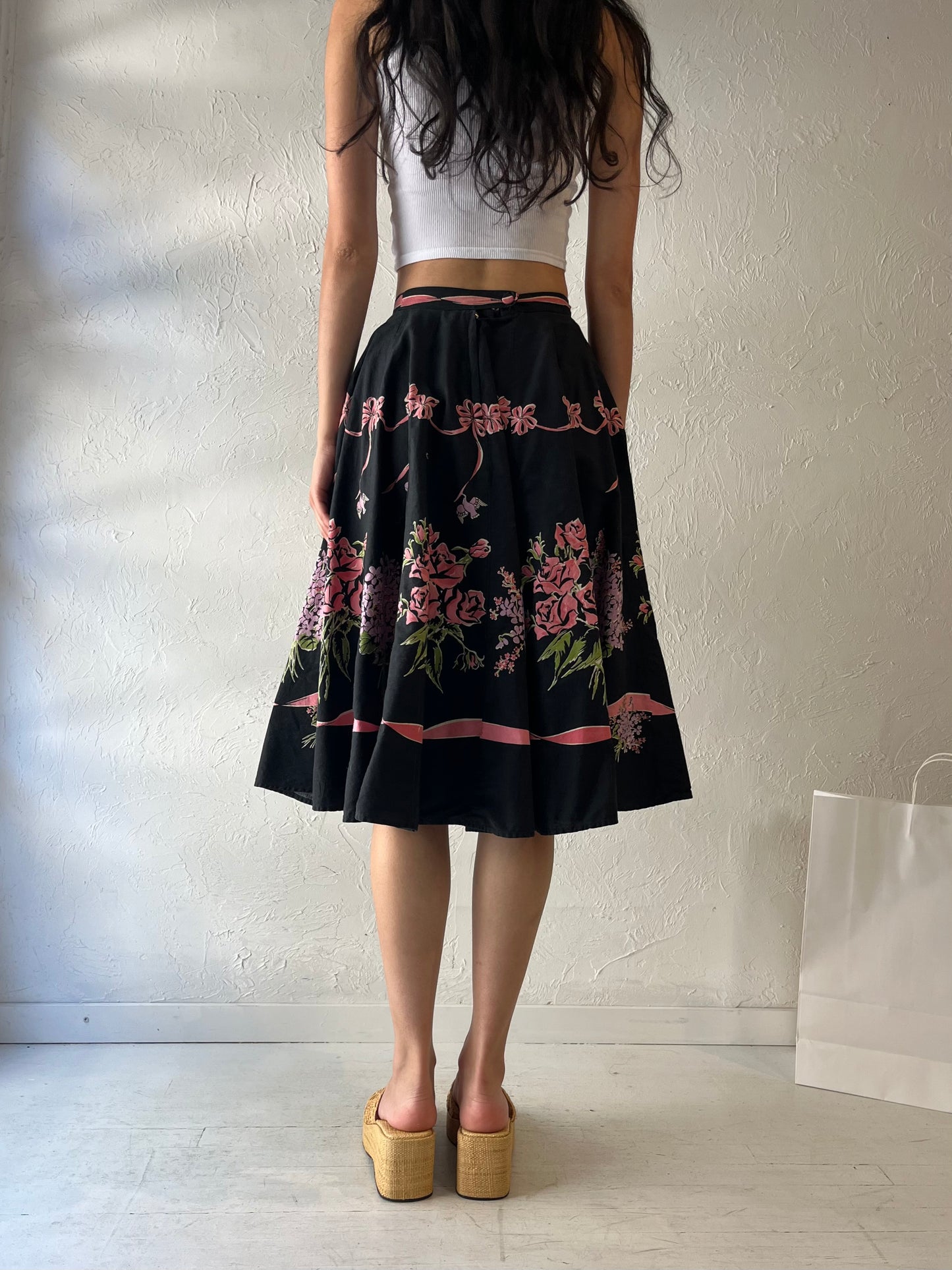 Vintage Handmade Black Bow Midi Skirt / Small