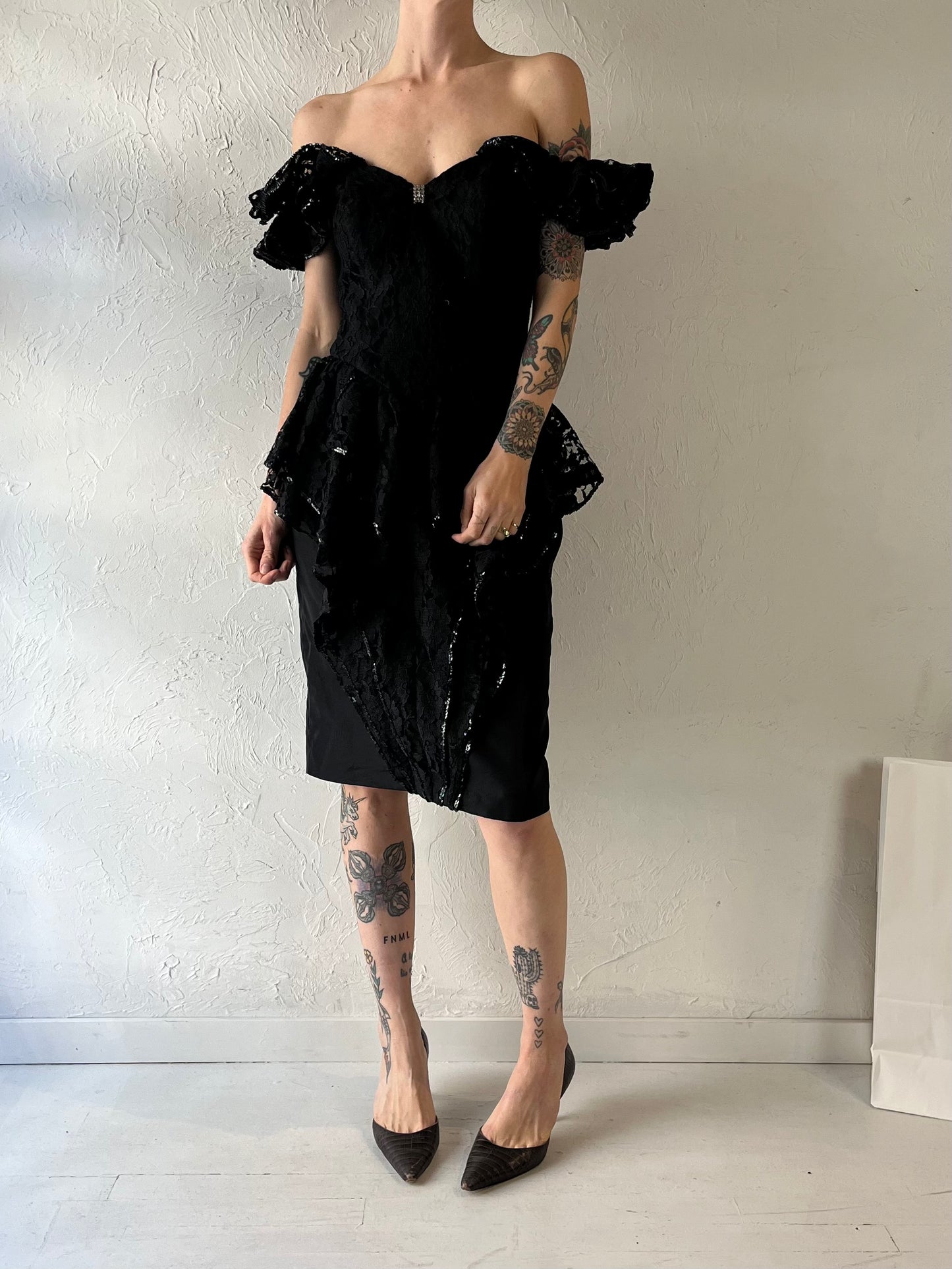 80s 'Lori Ann' Black Lace Dress / Medium