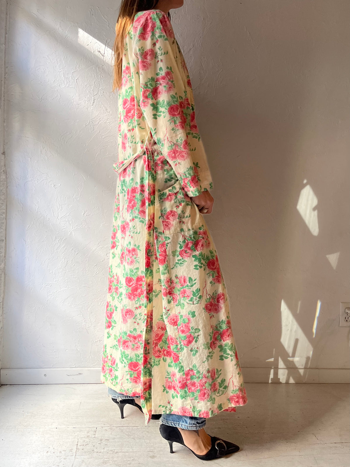 Y2k 'April Cornell' Yellow Floral Light Weight Cotton Robe / XL
