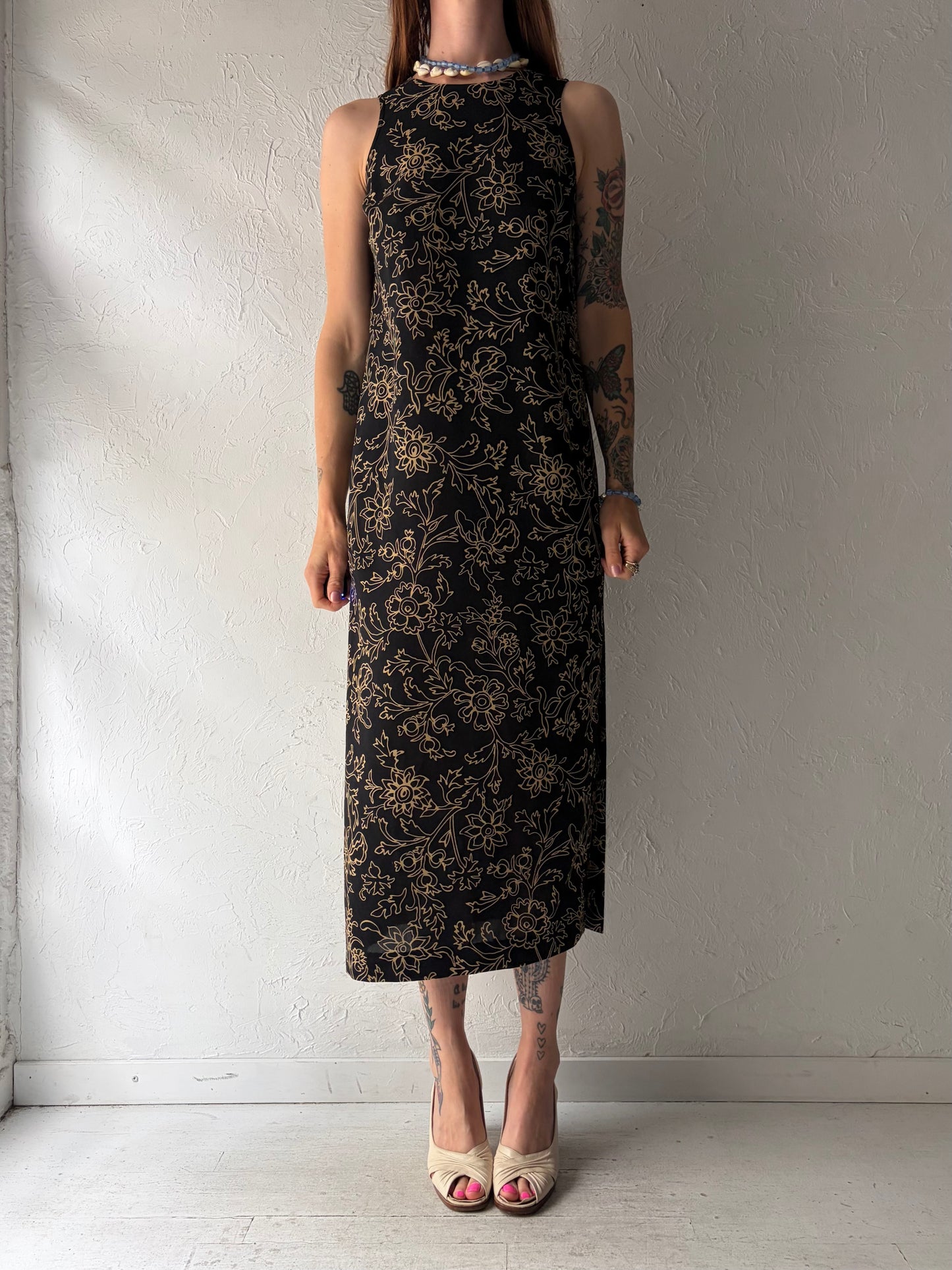 90s 'Jones Wear' Black Floral Print Midi Dress / Small