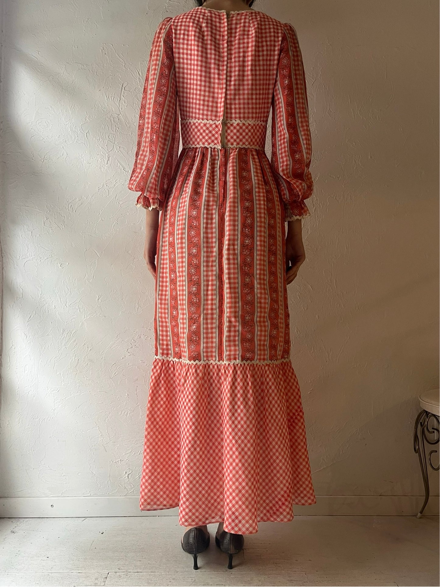 70s 'Nu Mode' Pink Gingham Peasant Dress / Small