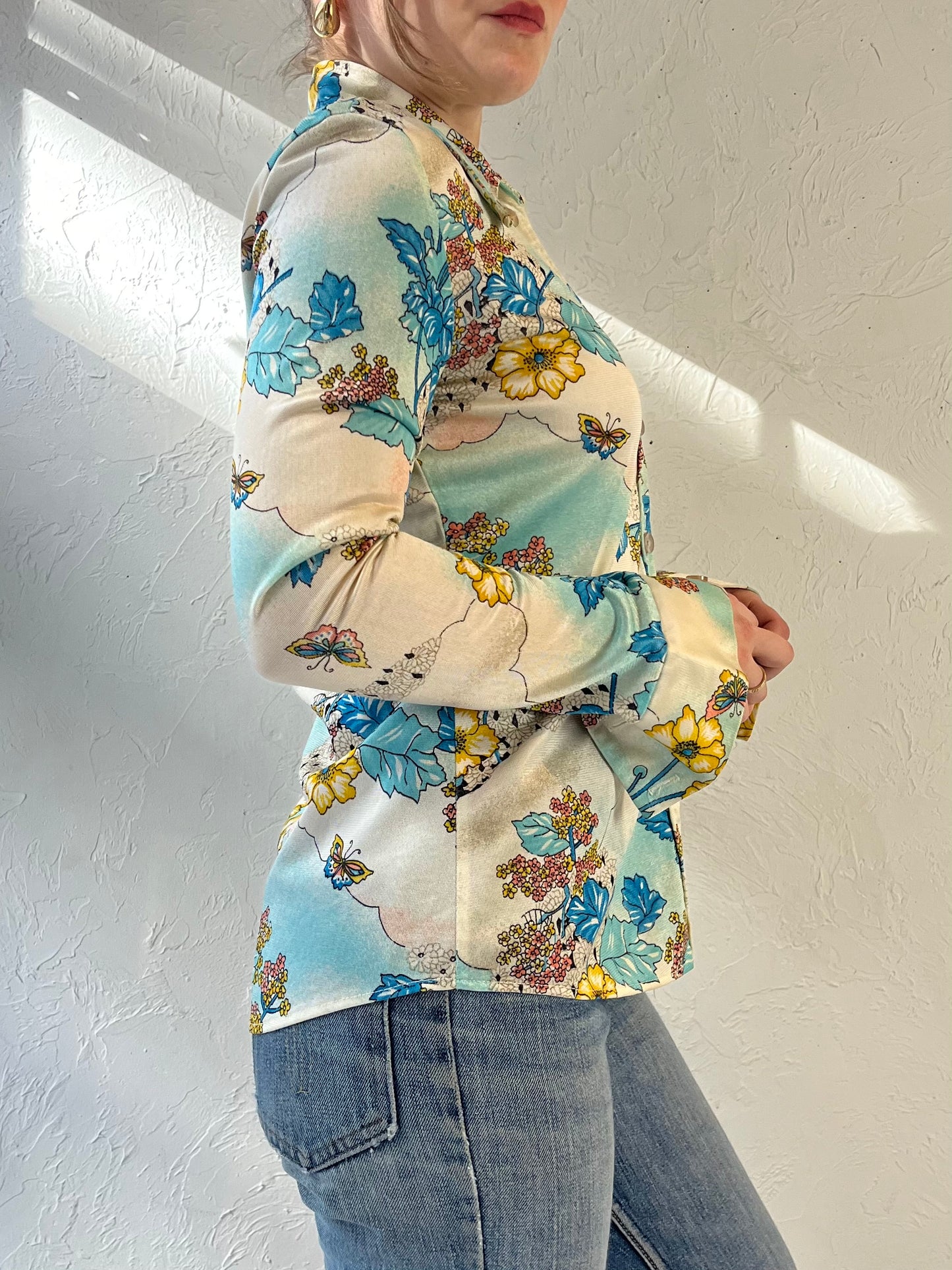 70s Union Made Blue Floral Button Up Blouse / Small