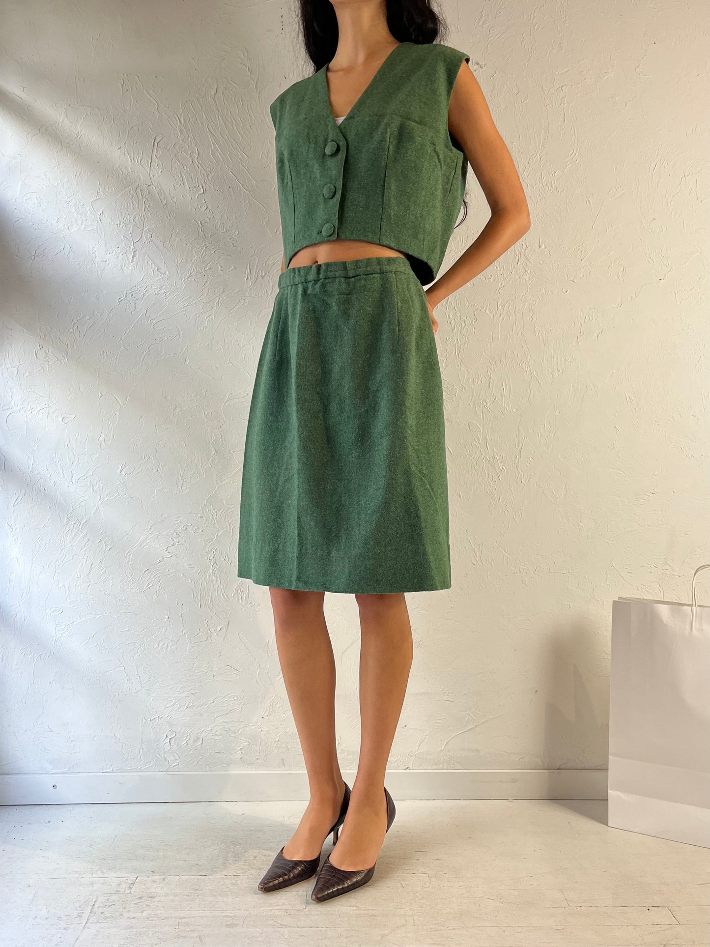 Vintage Handmade Green Wool Two Piece Set / Small