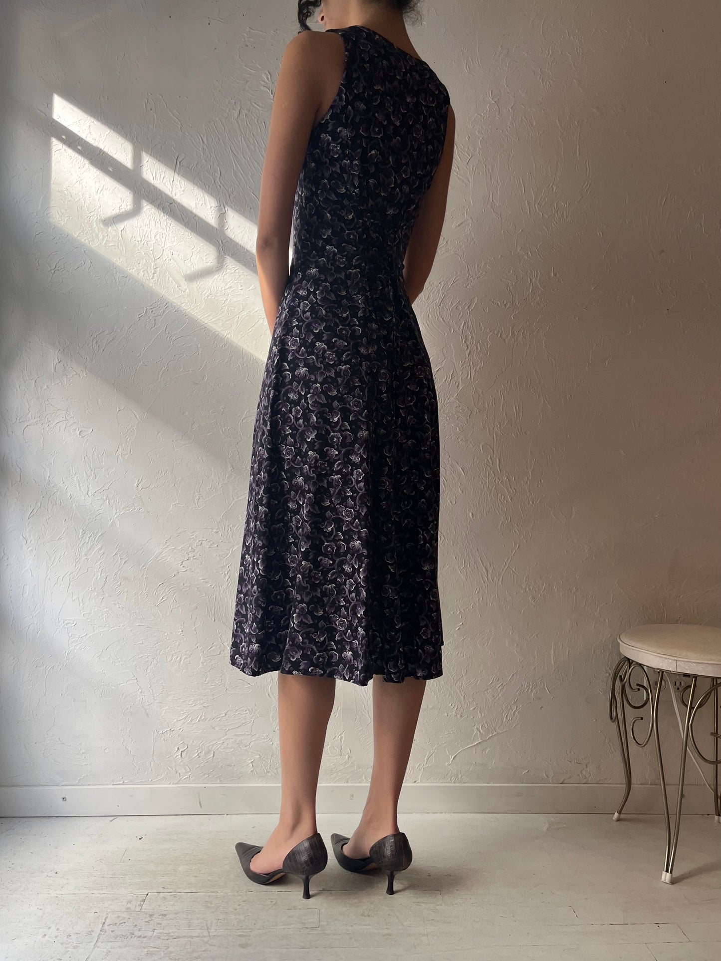 90s 'Paris Sport Club' Purple Floral Dress / Small / 1990s Spring Dress – Vintage 90s Grunge Romantic Dress
