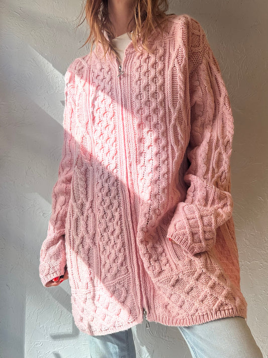 Vintage 'Arancrafts' Pink Merino Wool Cable Knit Cardigan Sweater / XXL