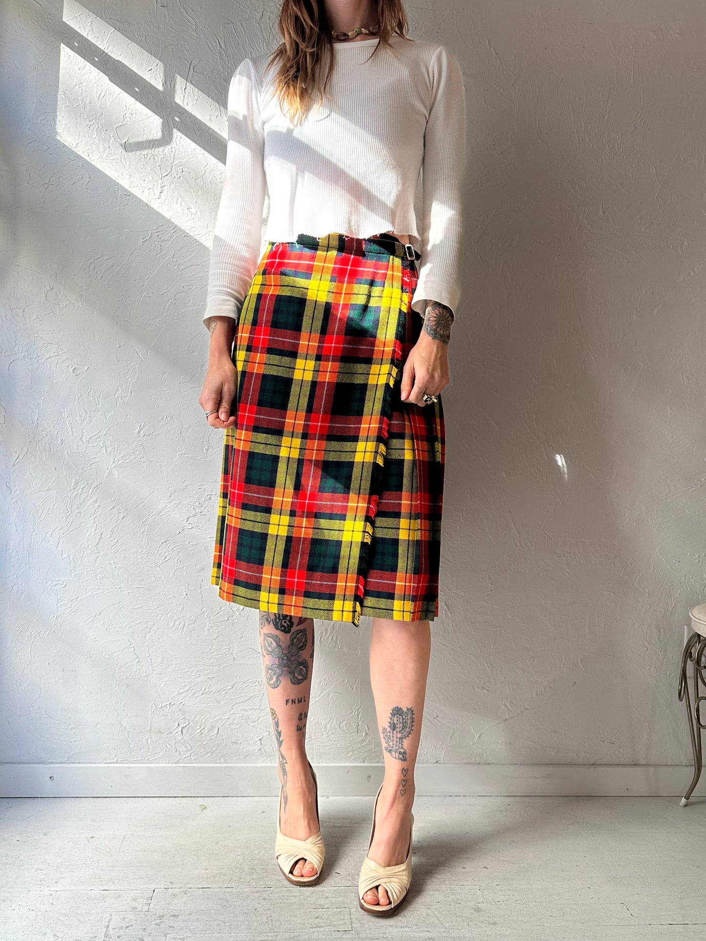 70s 'St Michael' Plaid Pleated Midi Wrap Skirt / Small
