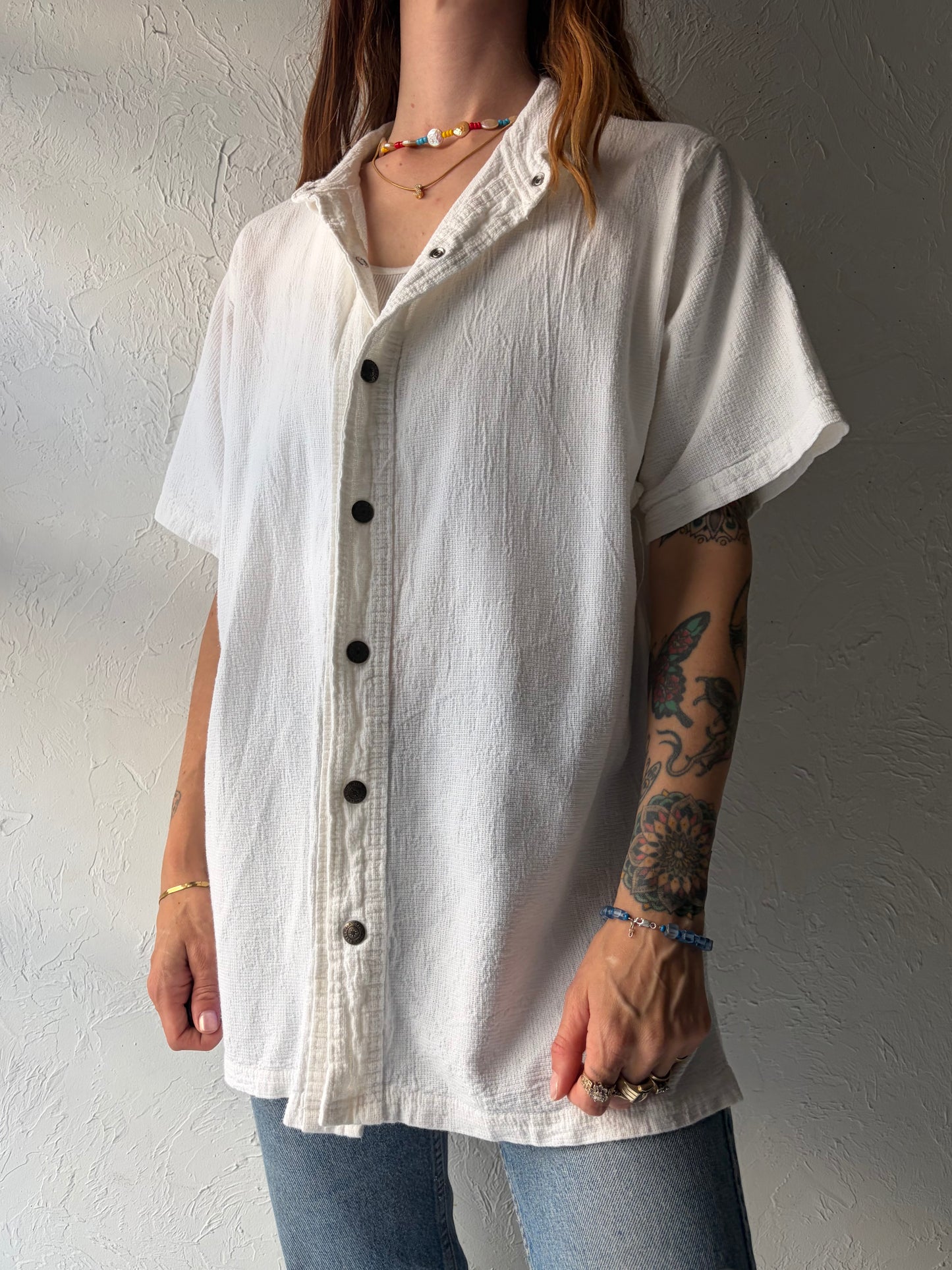 90s 'Ezze Wear' White Snap Up Cotton Shirt / Medium