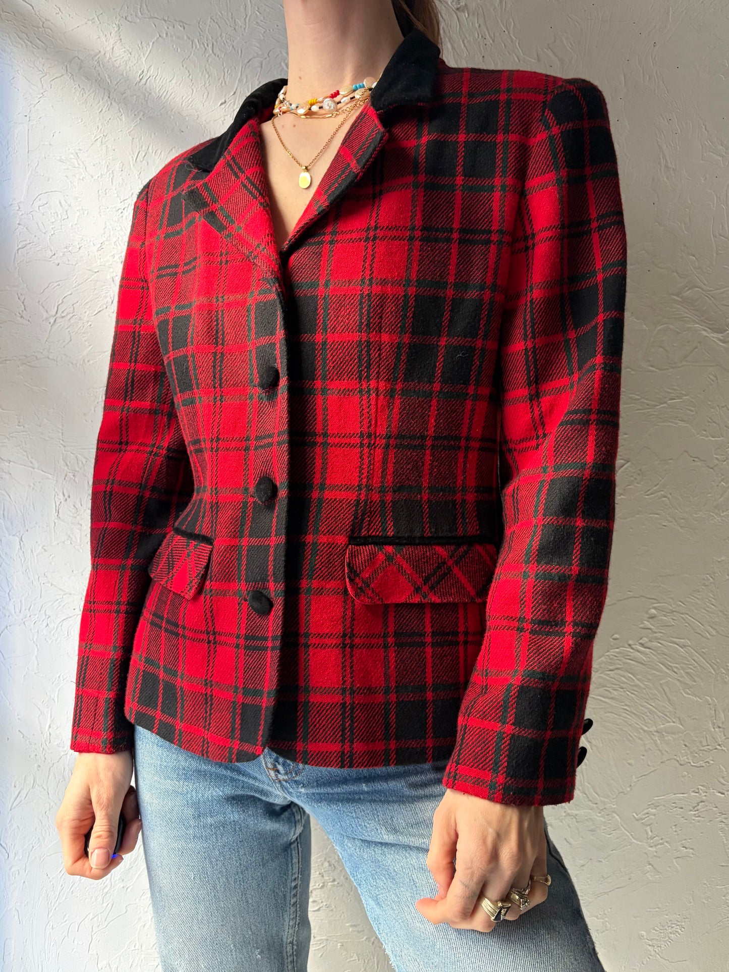 80s 'Norton McNaughton' Red Plaid Blazer Jacket / Medium