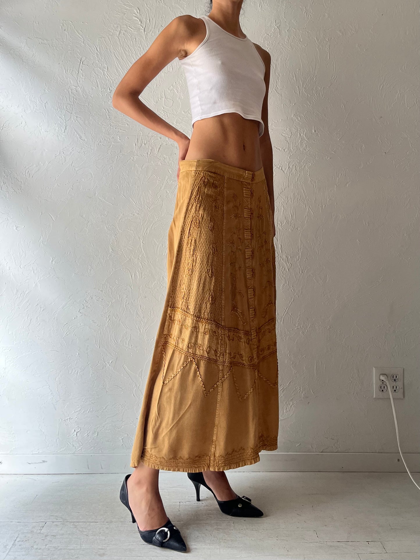 Y2k 'Tradition Collection' Tan Embroidered Fairycore Maxi Skirt / Vintage 2000s Whimsical Boho Cottagecore Prairie Summer Skirt / Medium