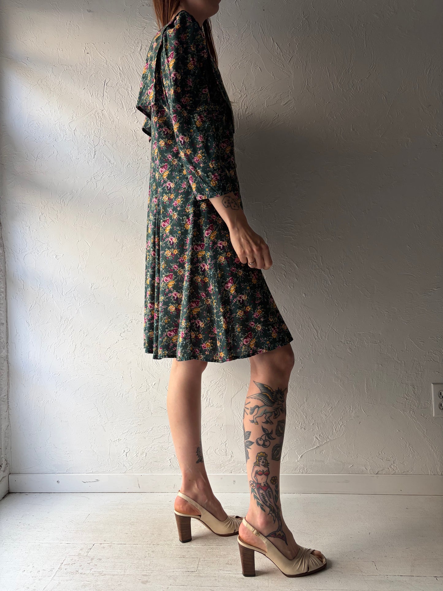 90s 'Paris Sport Club' Green Floral Sailor Spring Dress / Large