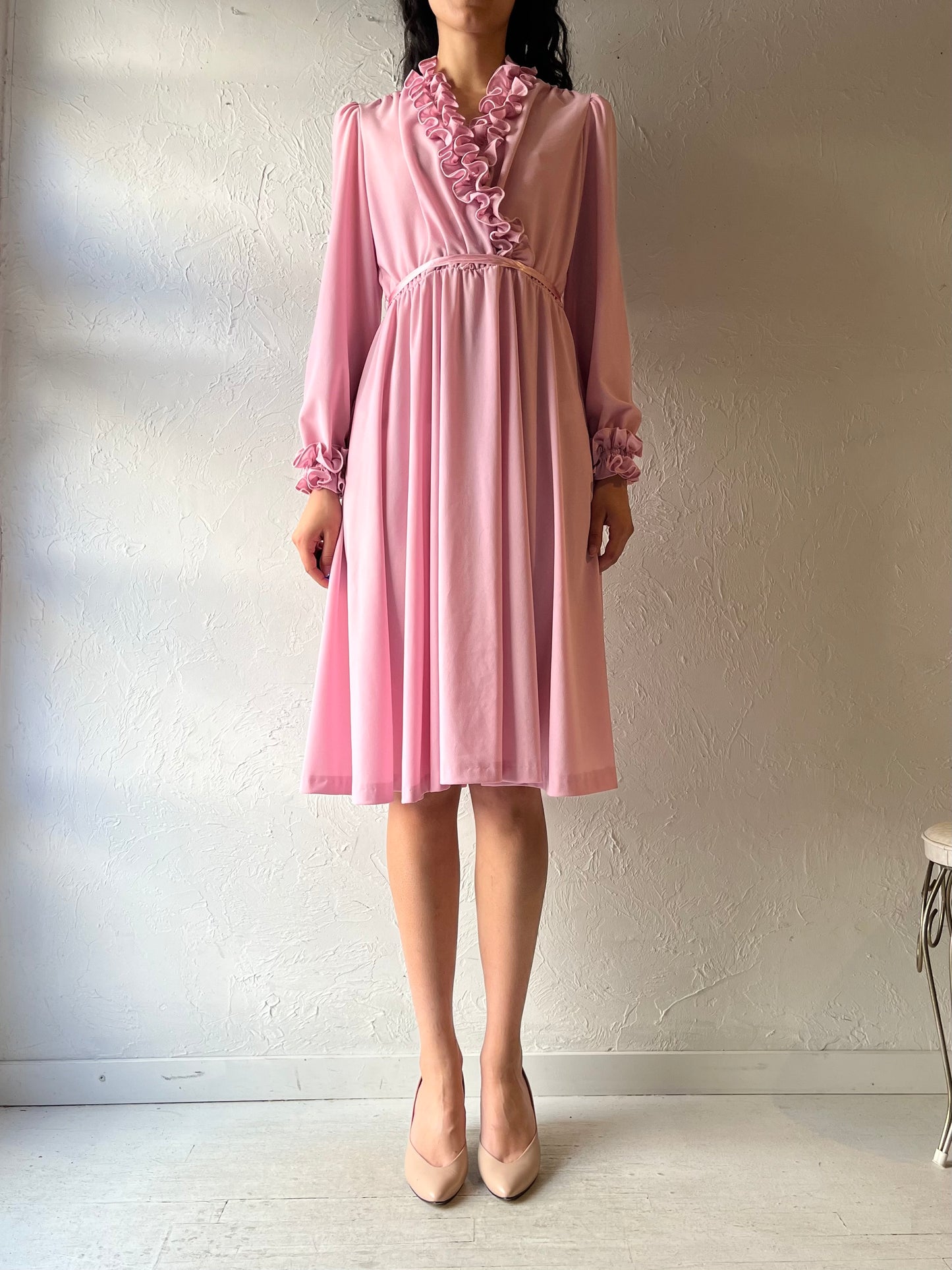 80s 'Lady Carol' Pink Ruffle Long Sleeve Dress / Medium
