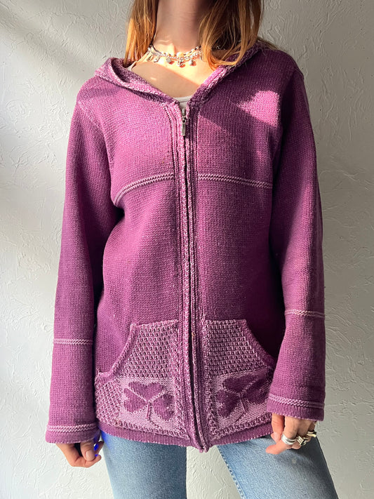 70s 'Aran Crafts' Purple Merino Wool Hooded Sweater / Small