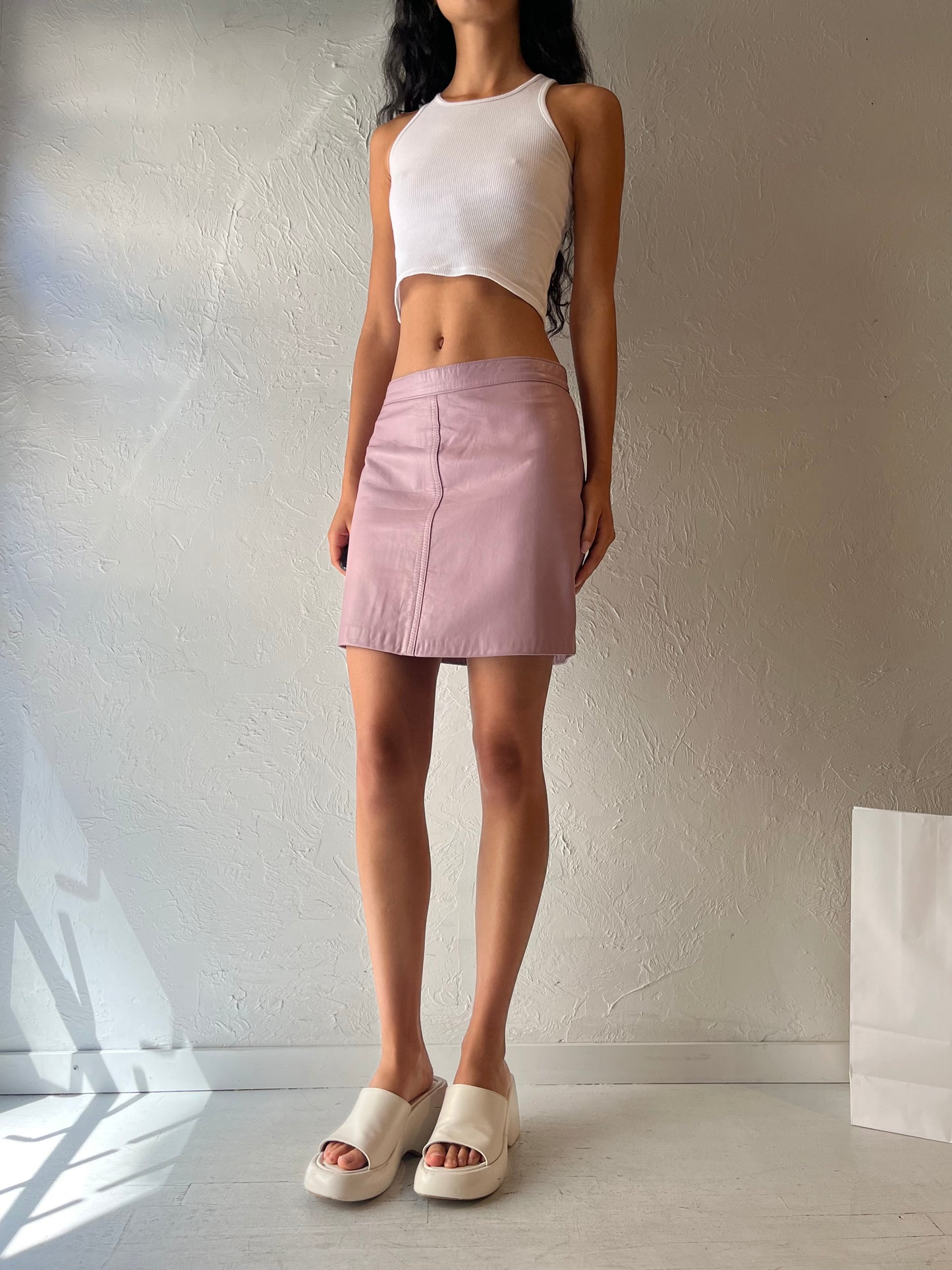 90s 'Mertelli' Pink Leather Mini Skirt / Small