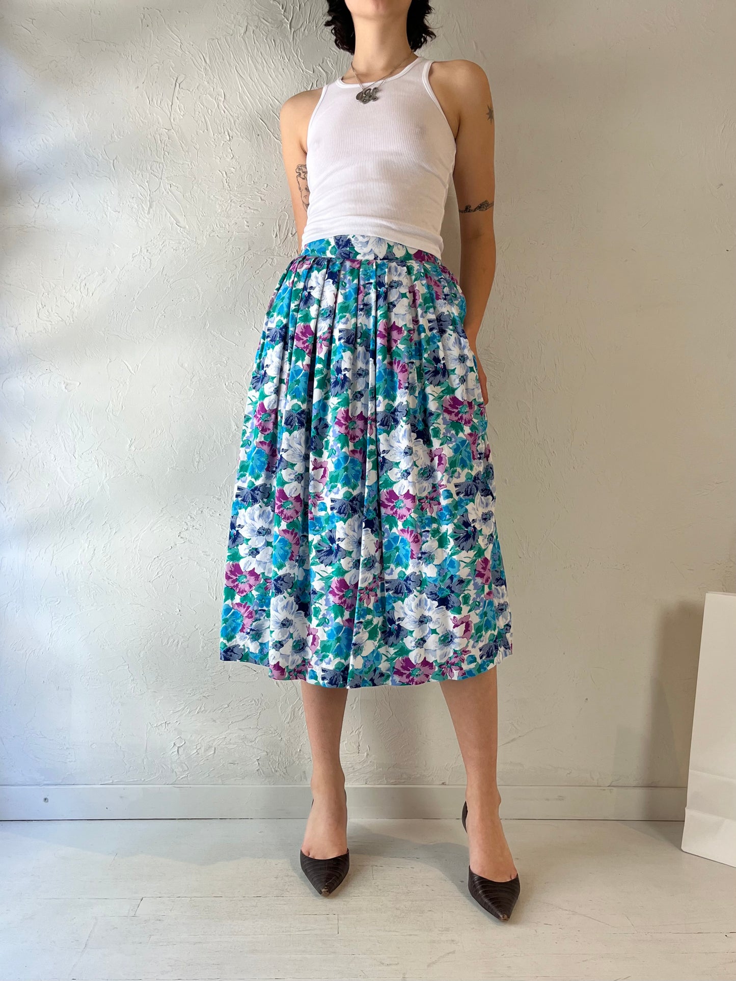 80s '180 Sauve' Patterned Rayon Midi Skirt / Small