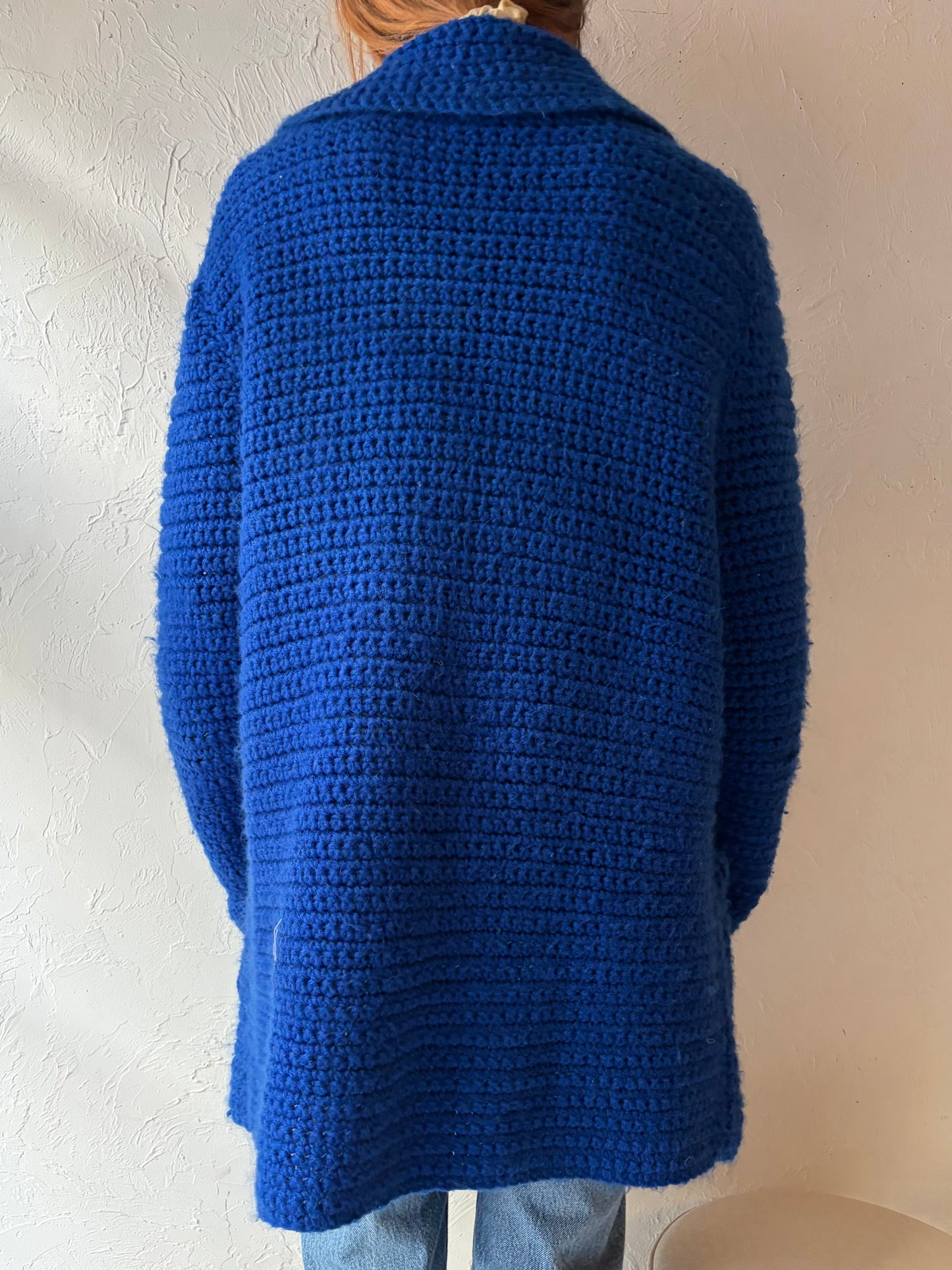 Vintage Royal Blue Crochet Cardigan Sweater / Large