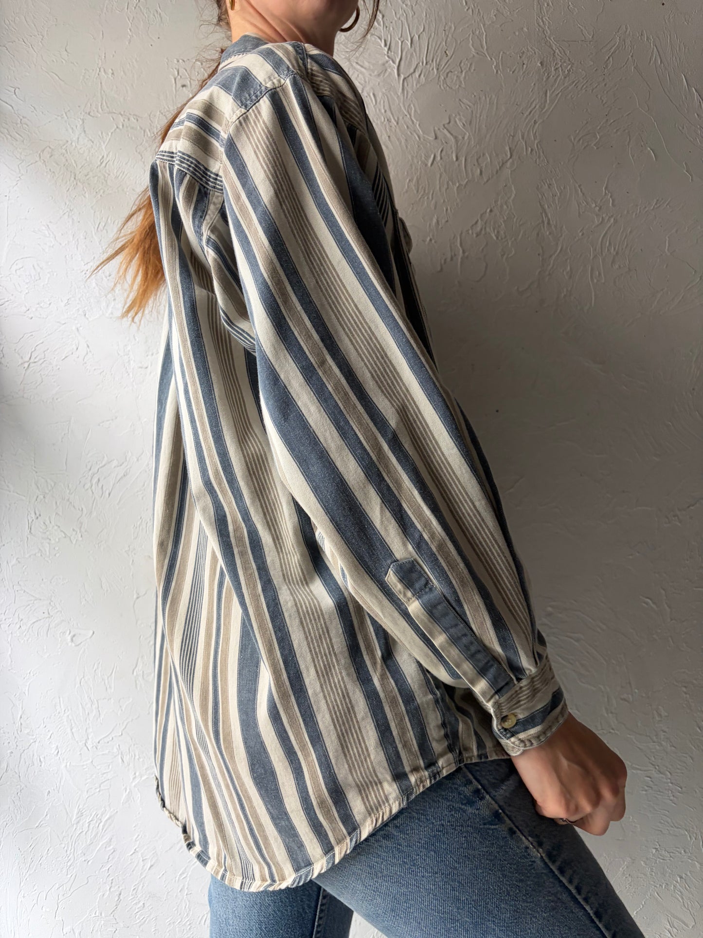 90s 'True Blues' Stripped Cotton Western Workwear Button Up Shirt / Medium
