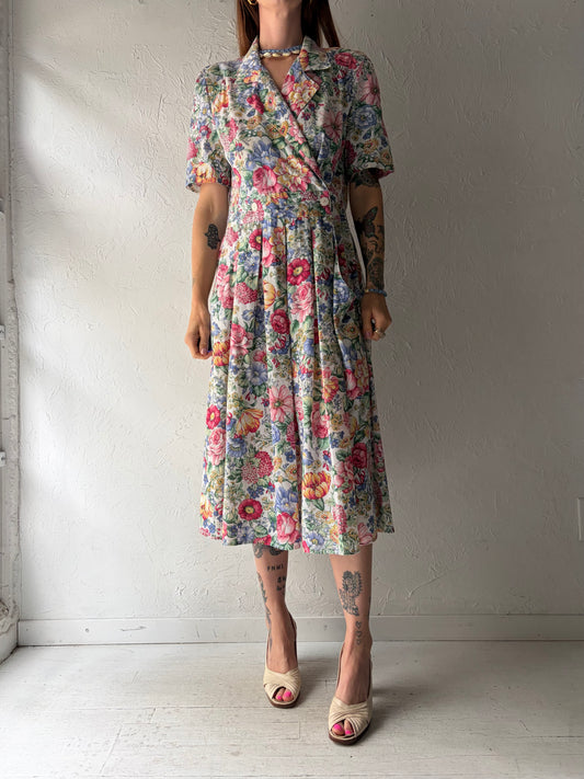 80s 'Stuart Alan' Collared Floral Print Dress / Medium