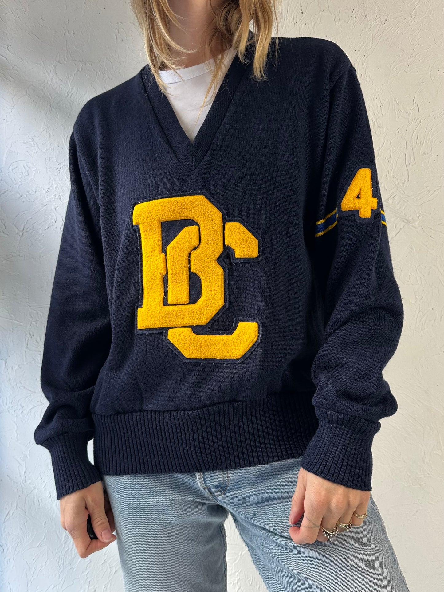 80s ‘BC’ V Neck Varsity Navy Blue Sweater / Medium