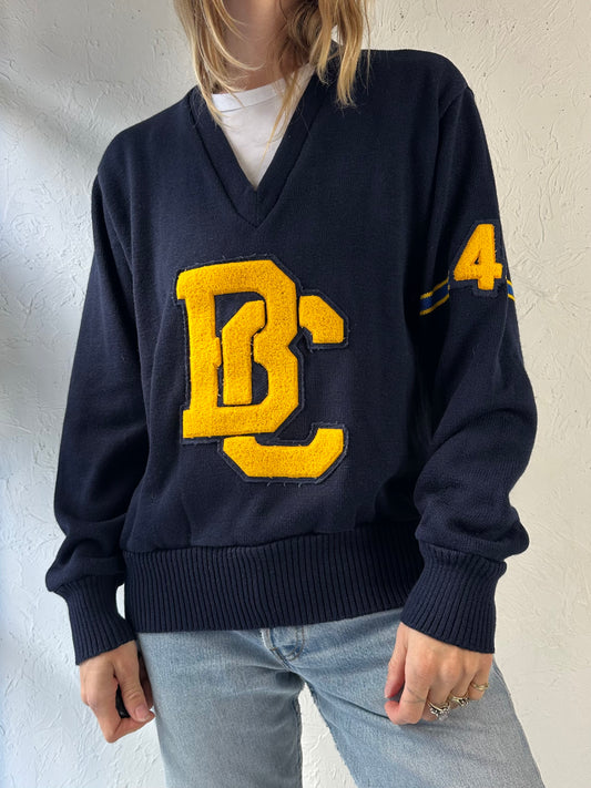 80s ‘BC’ V Neck Varsity Navy Blue Sweater / Medium