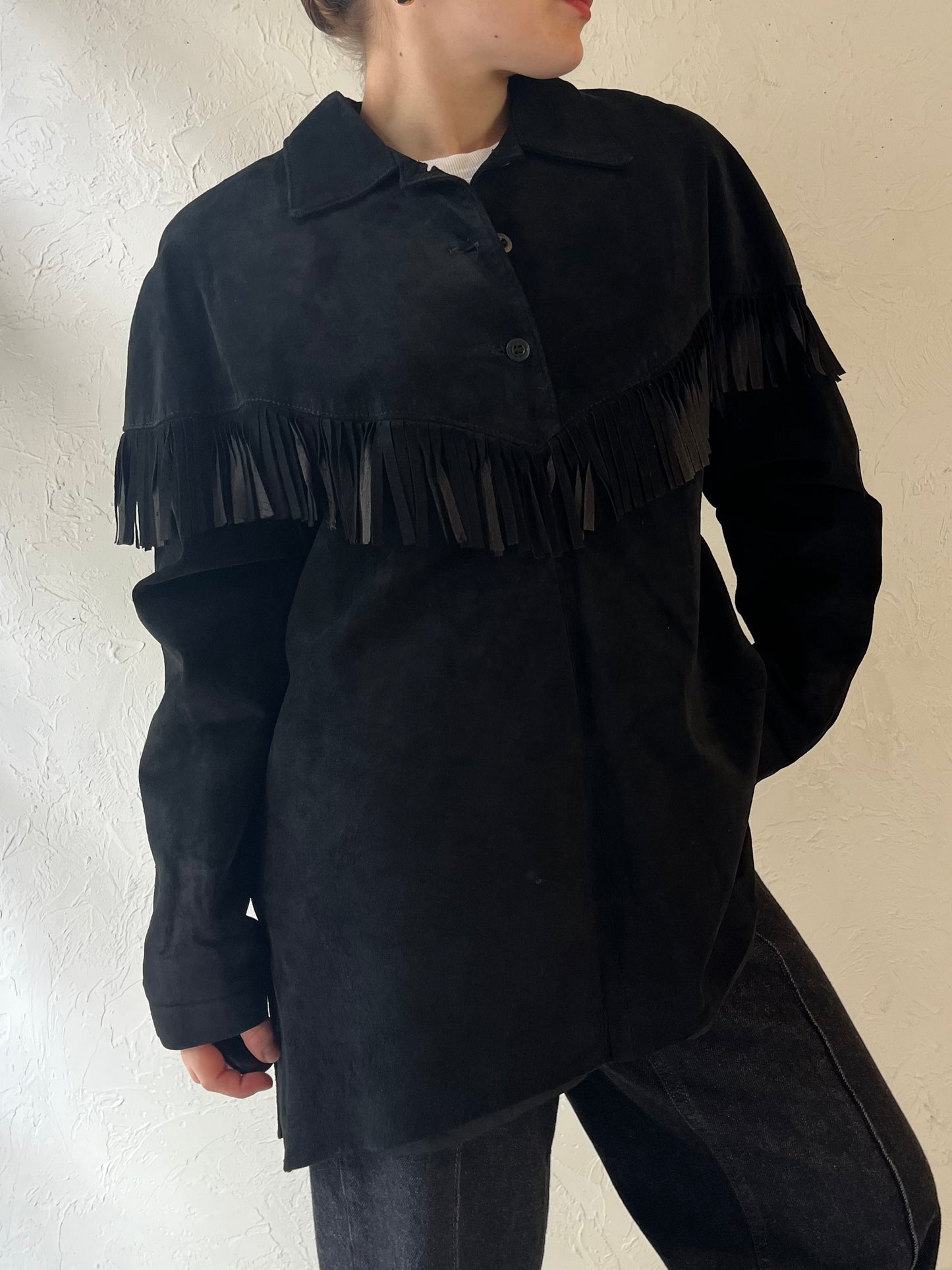 90s 'Danier' Black Suede Fringe Pullover Jacket / Large