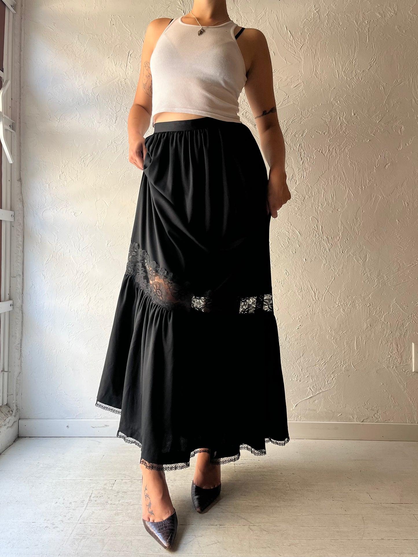 70s Black Tiered Goth Maxi Skirt / Small