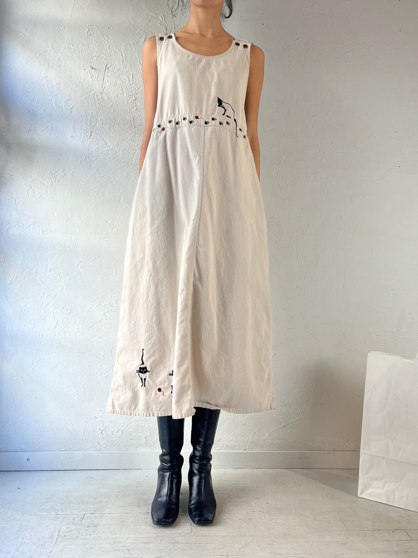 90s ‘Christopher & Banks’ Cream Embroidered Cat Dress / XL