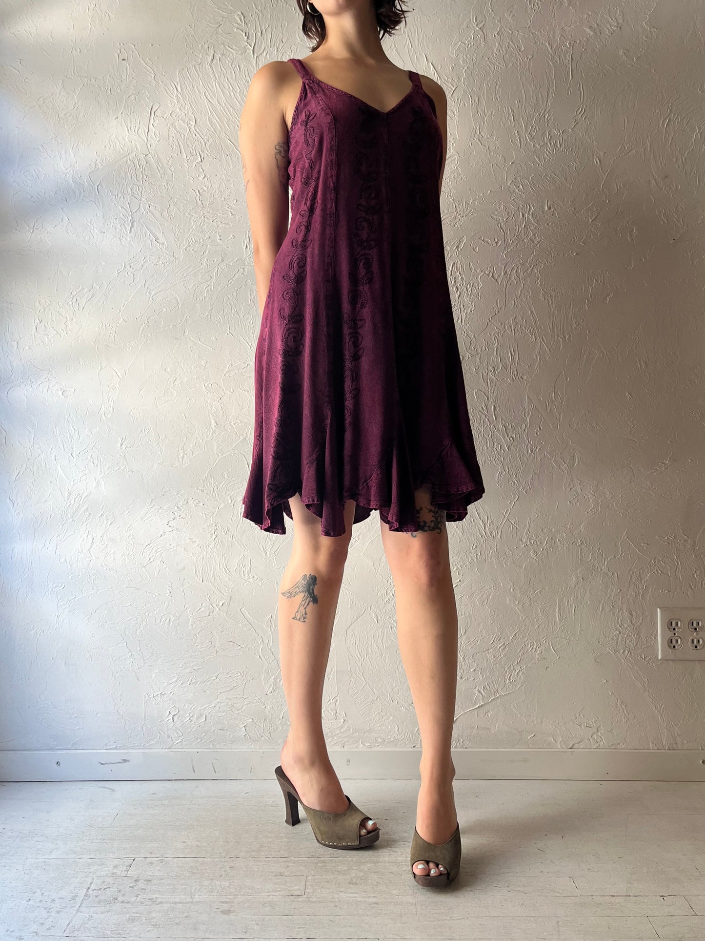 Y2k 'Om Company' Maroon Whimsical Goth Fairy Core Summer Mini Dress / Large