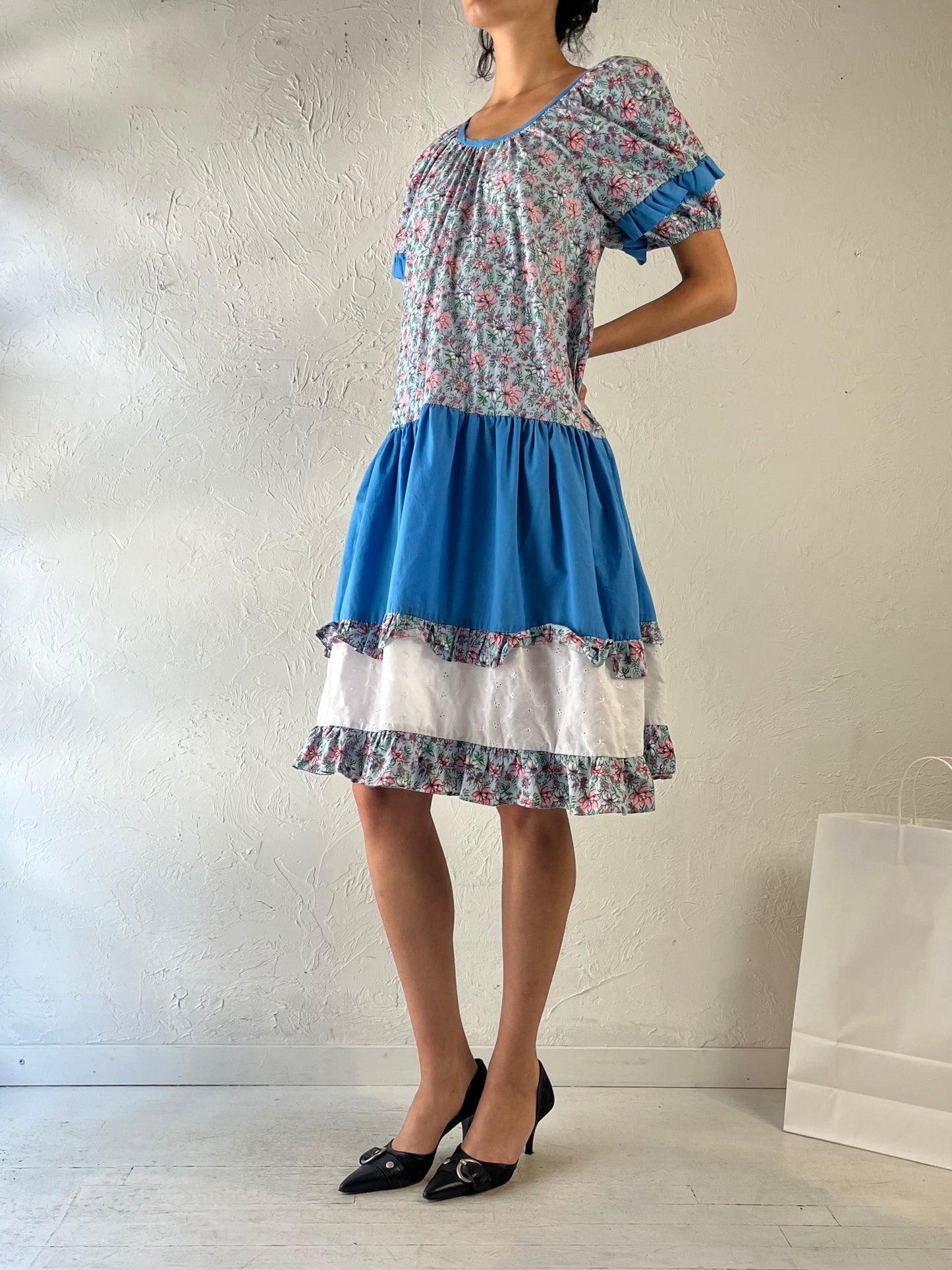 80s ‘Liberty House’ Blue Cotton Patchwork Midi Dress / Medium