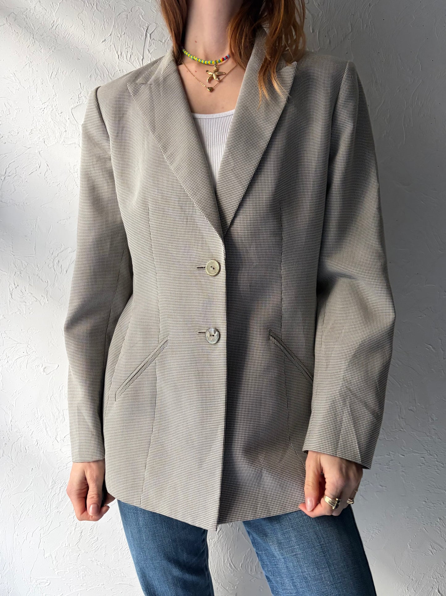 90s 'Le Suit' Grey Gingham Blazer Jacket / Medium