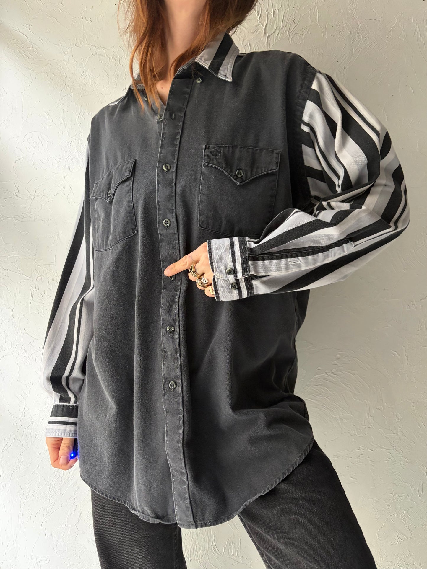 90s 'Mid West Garment' Black Striped Western Button Up Cowboy Workwear Shirt / Large