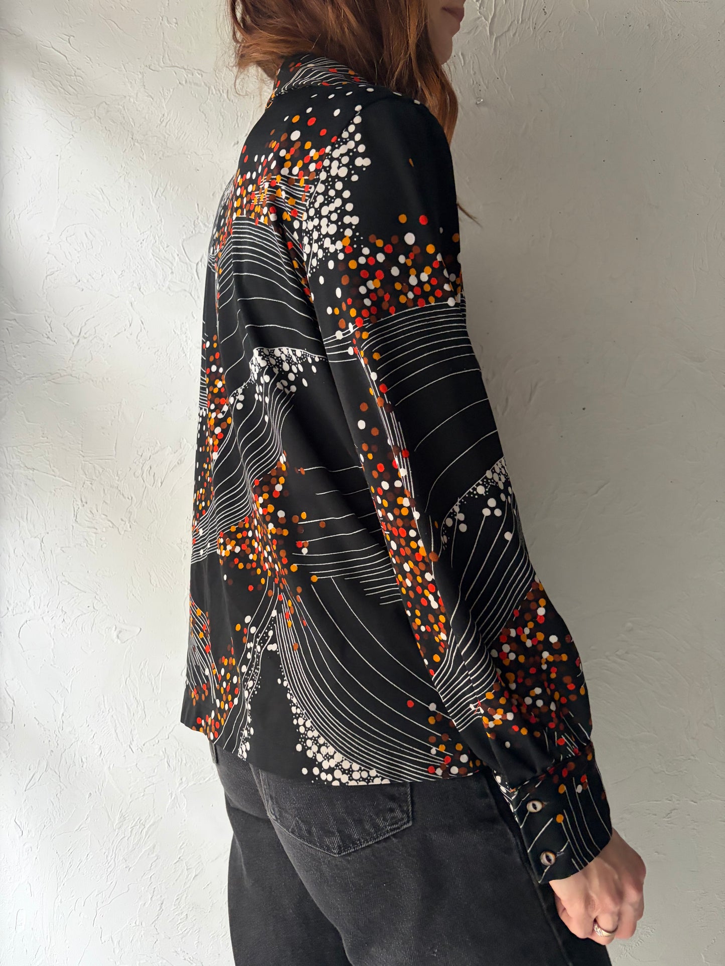 70s 'Exquisite' Black Patterned Retro Button Up Dress Shirt / Medium