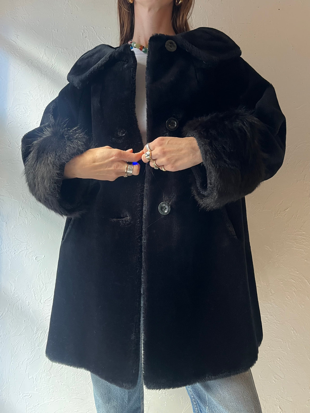 80s ‘Glamasale’ Black Faux Fur Mob Wife Glam Winter Outerwear Jacket / Small