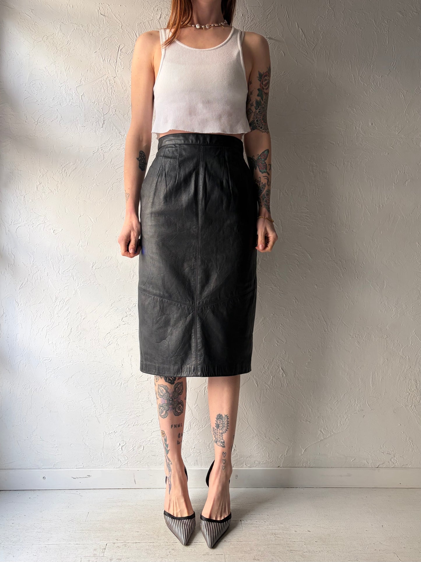 90s ‘Pelle’ Black Leather Minimalist Midi Pencil Skirt / Small