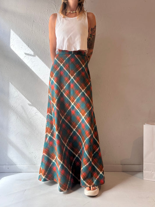 70s Thick Wool Plaid Maxi Skirt / Small