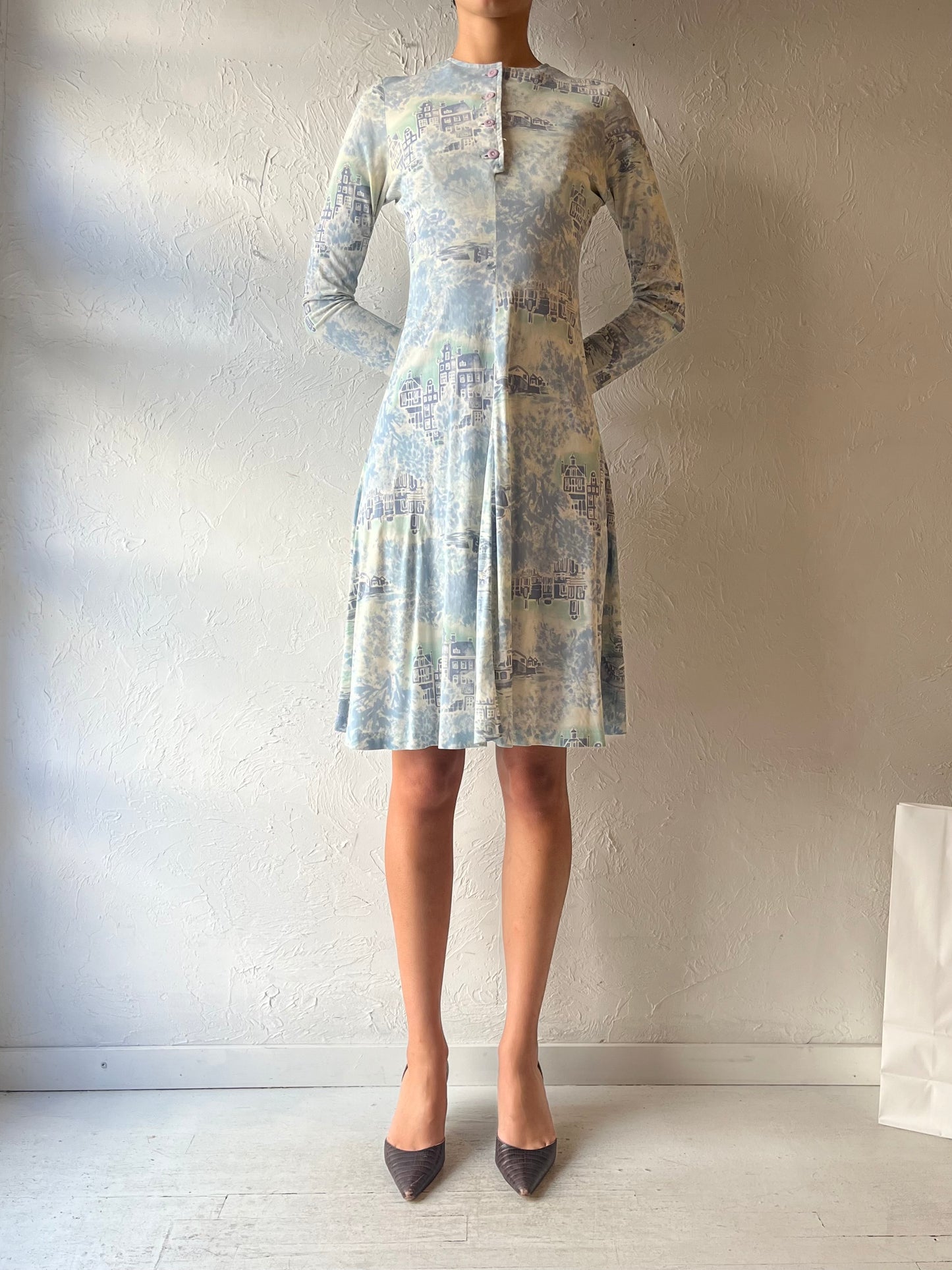 70s Blue Patterned Midi Dress / Small