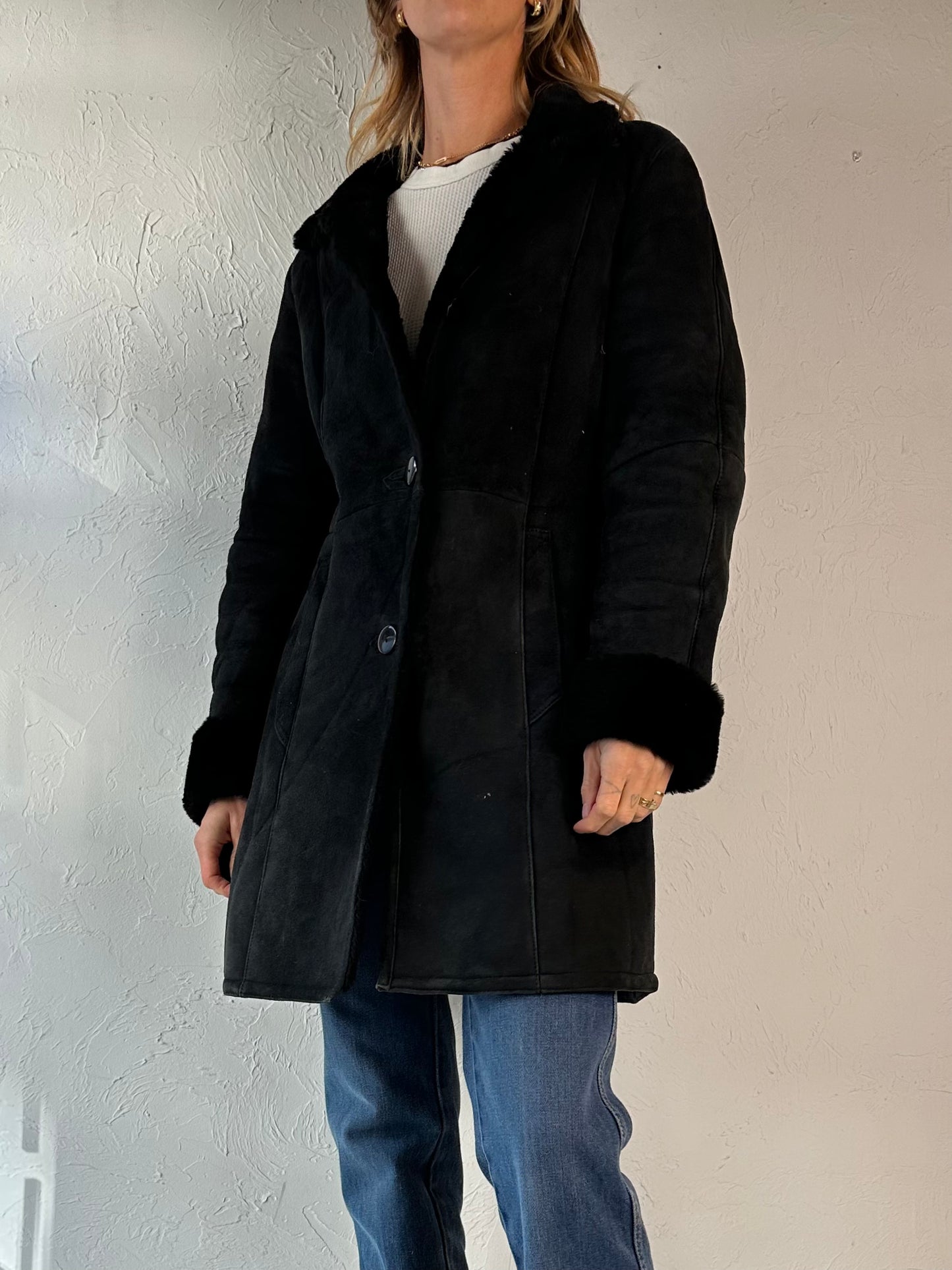 Y2k 'Danier' Black Suede Leather Shearling Lined Jacket / XS