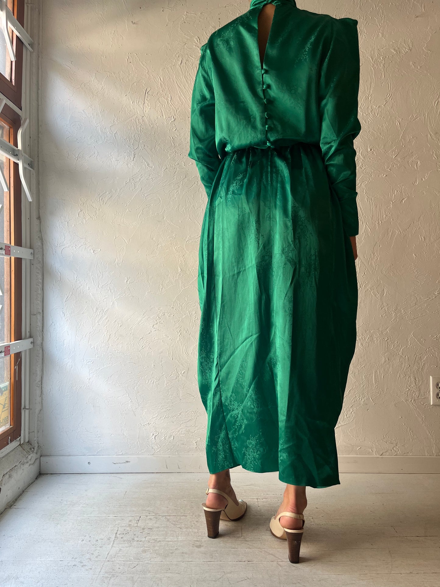 80s Emerald Green Retro Floral Embossed Maxi Formal Party Dress / Small