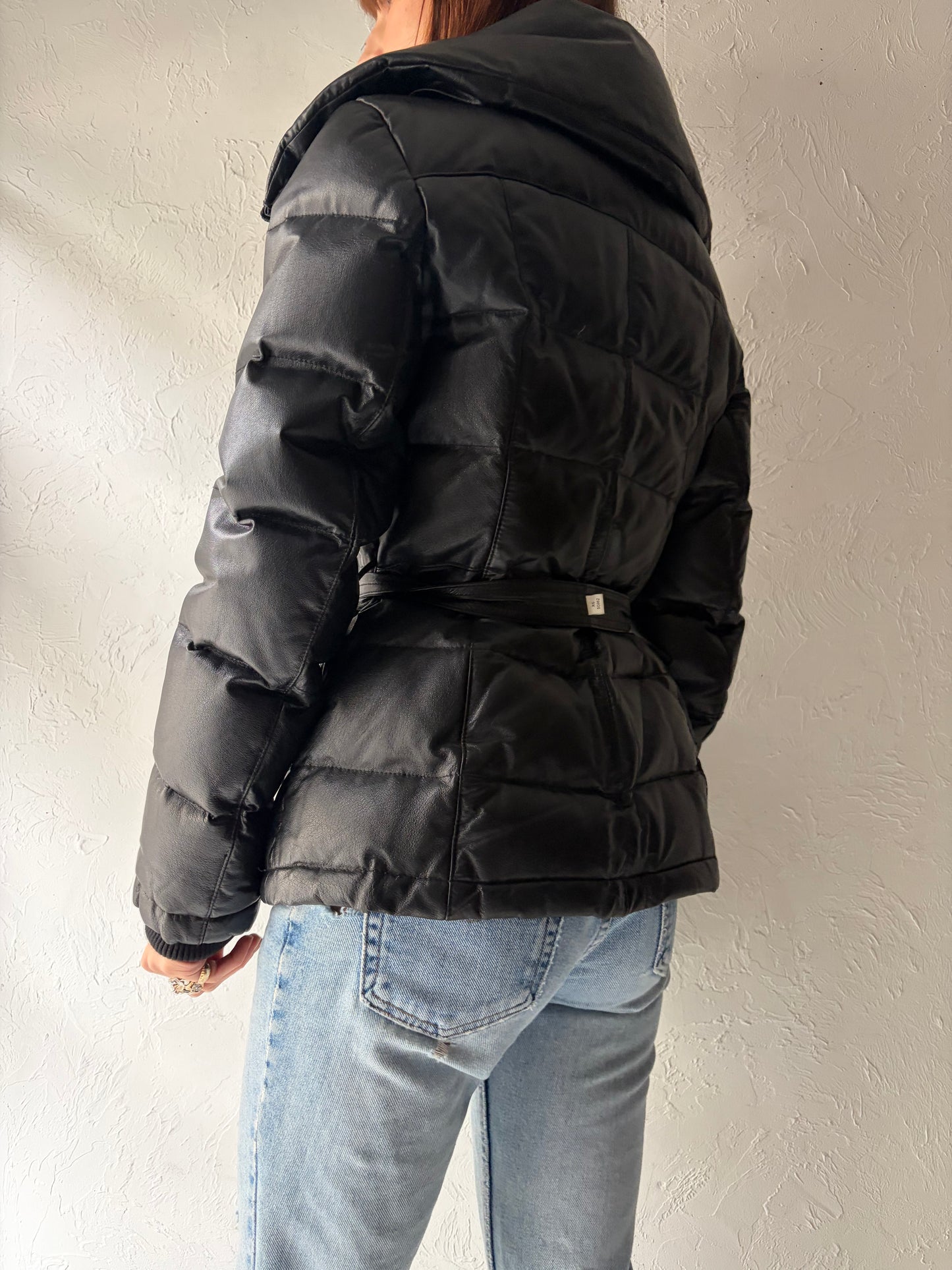 Y2k 'Danier' Black Puffy Leather Jacket / Vintage 2000s Streetwear Winter Jacket / XS
