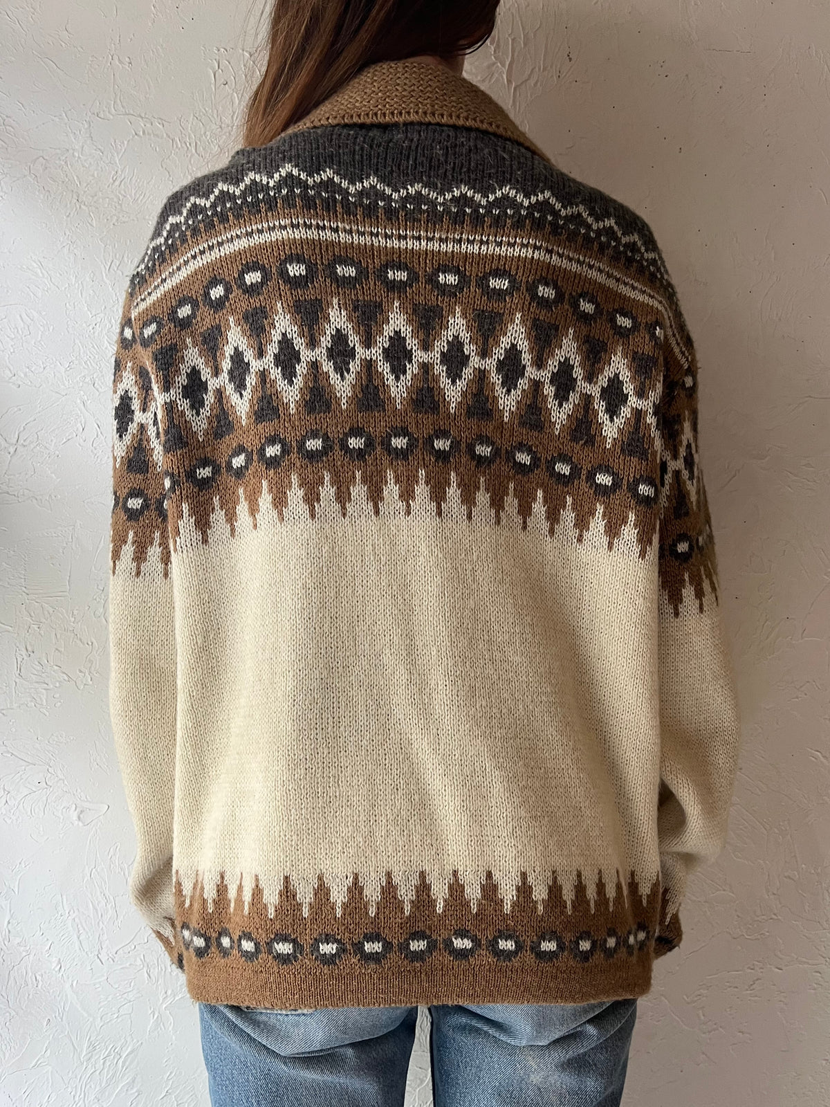 80s 'Vintage ‘White Ram’ Nordic Zip-Up Cardigan Ski Lodge Geometric Knit Sweater / Large