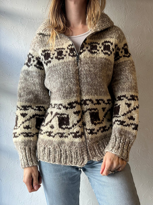 Vintage Hand Knit Zip Up Wool Sweater / Medium