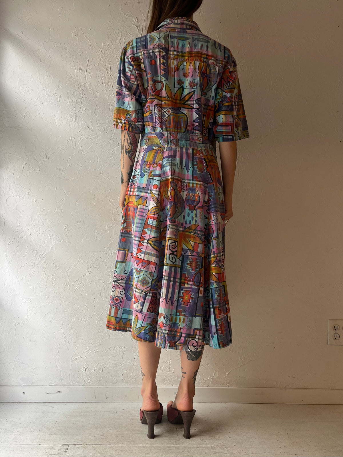80s 'Badge' Retro Patterned Dress / Medium