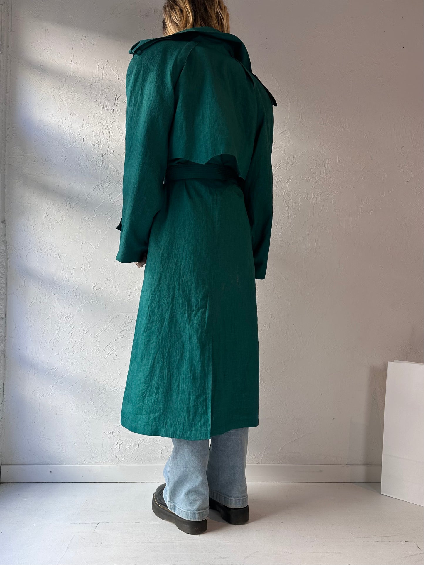 90s 'British Mist' Green Lined Trench Coat / Medium - Large