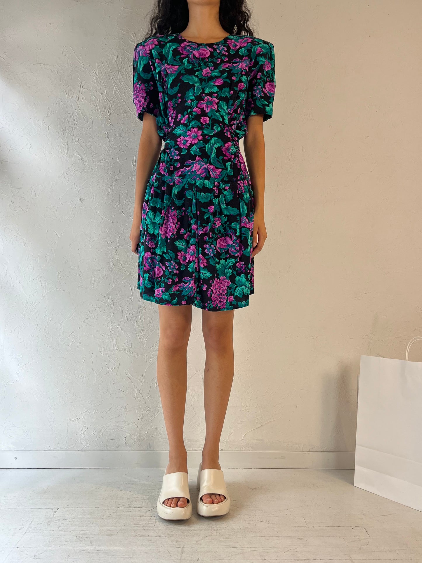 80s 'Vittoria Virini' Floral Print Midi Dress / Medium