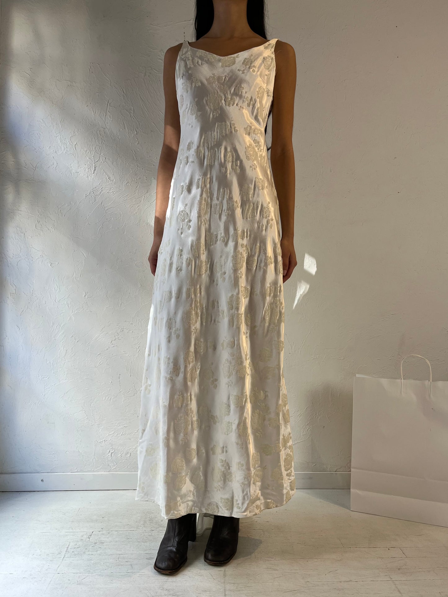 90s ‘Zum Zum’ White Burnt Velvet Wedding Dress / Small