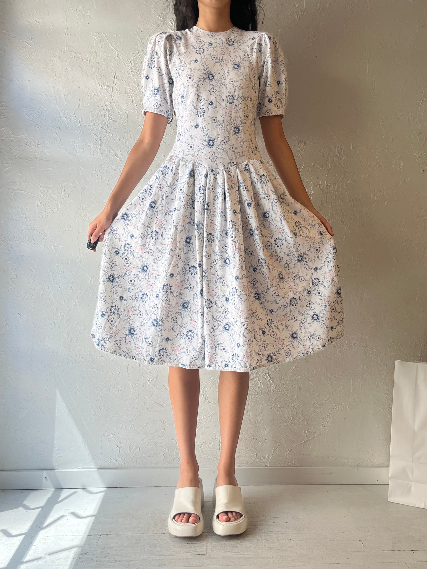 90s ‘Byer Too’ White Floral Puff Sleeve Dress / Medium