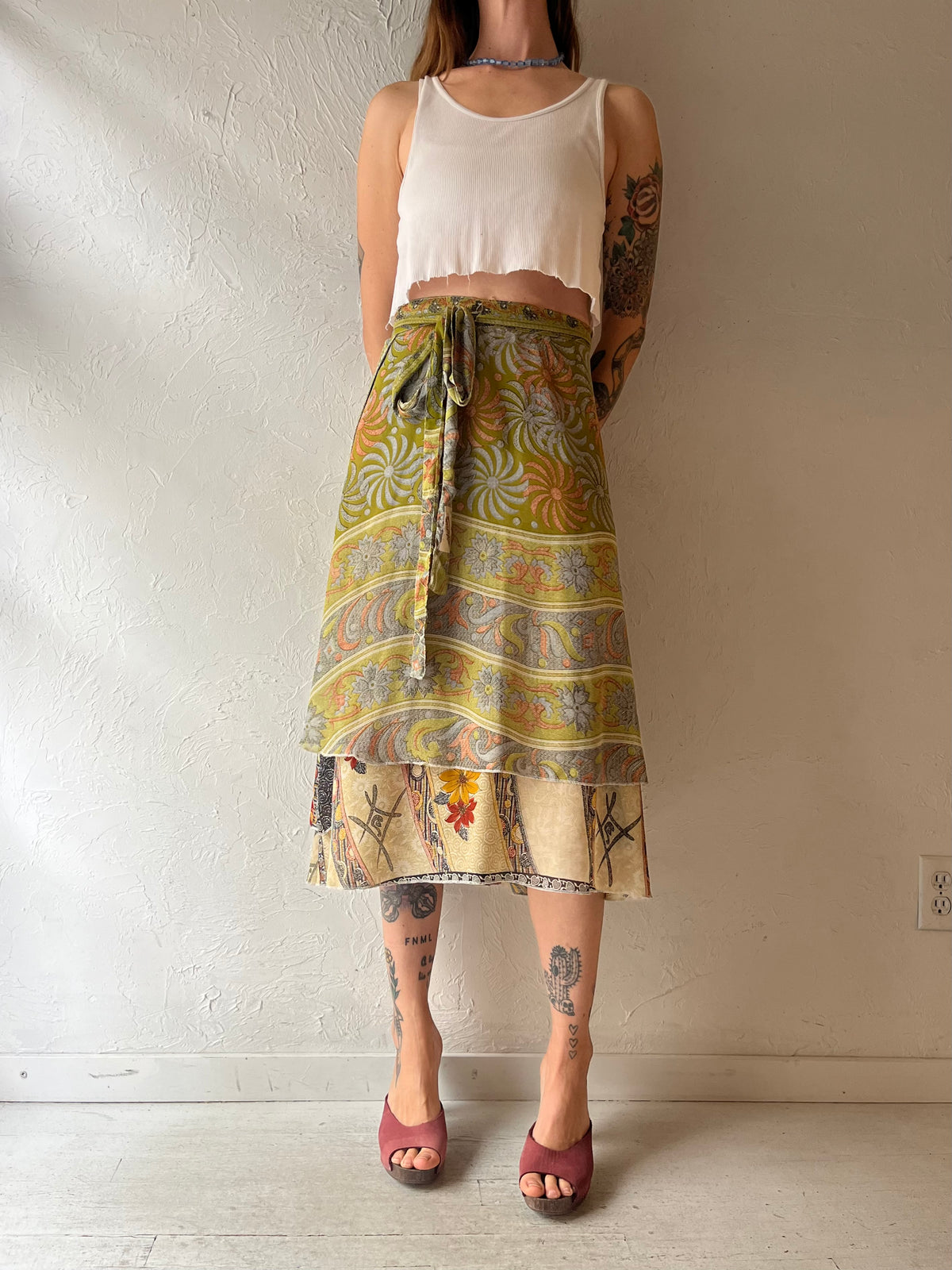 Vintage Y2k Green Floral Silk Hippie Boho Fairycore Wrap Summer Midi Skirt / Small - Medium