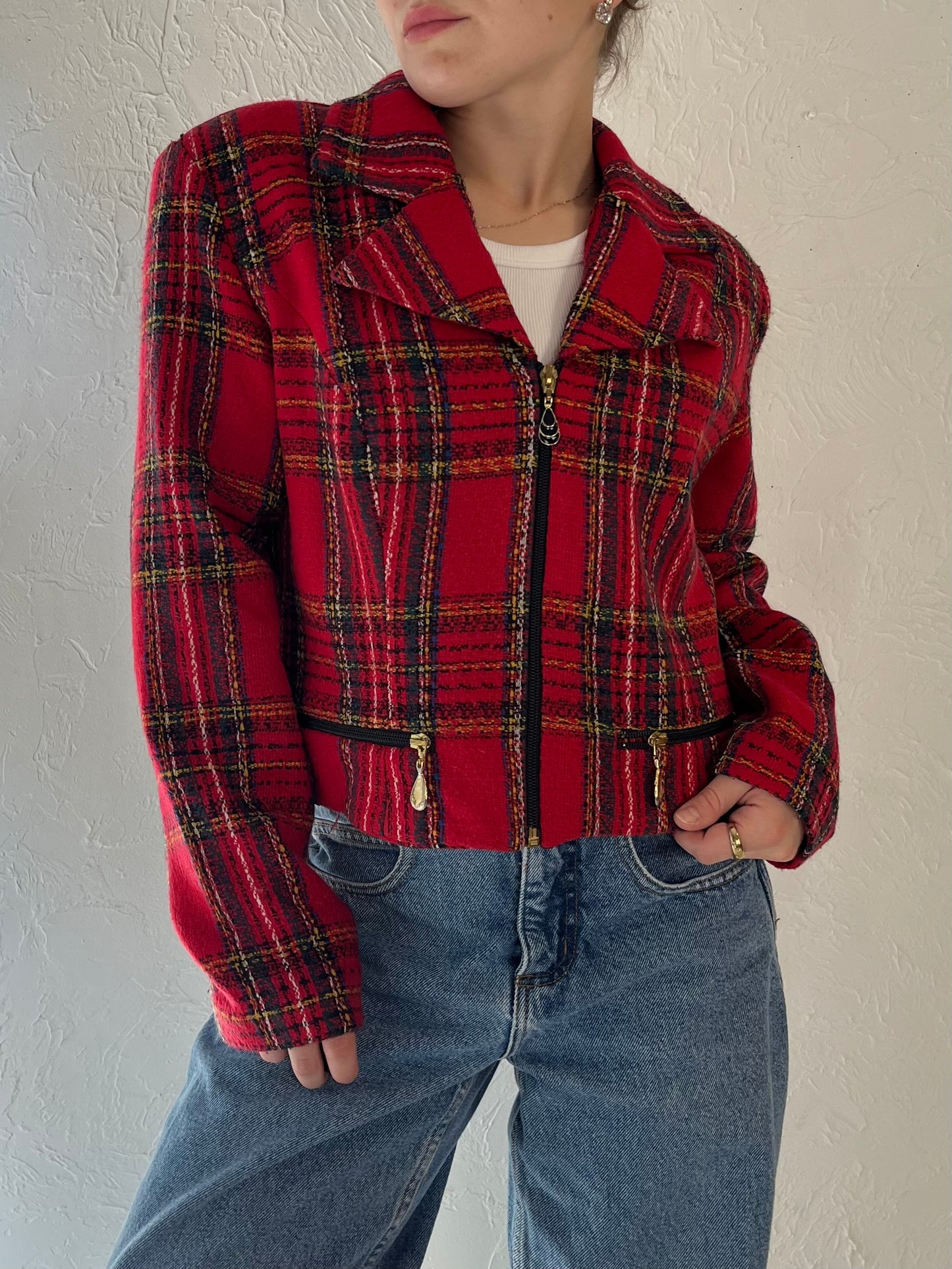 90s 'Lori Ann' Red Plaid Blazer Jacket / Medium