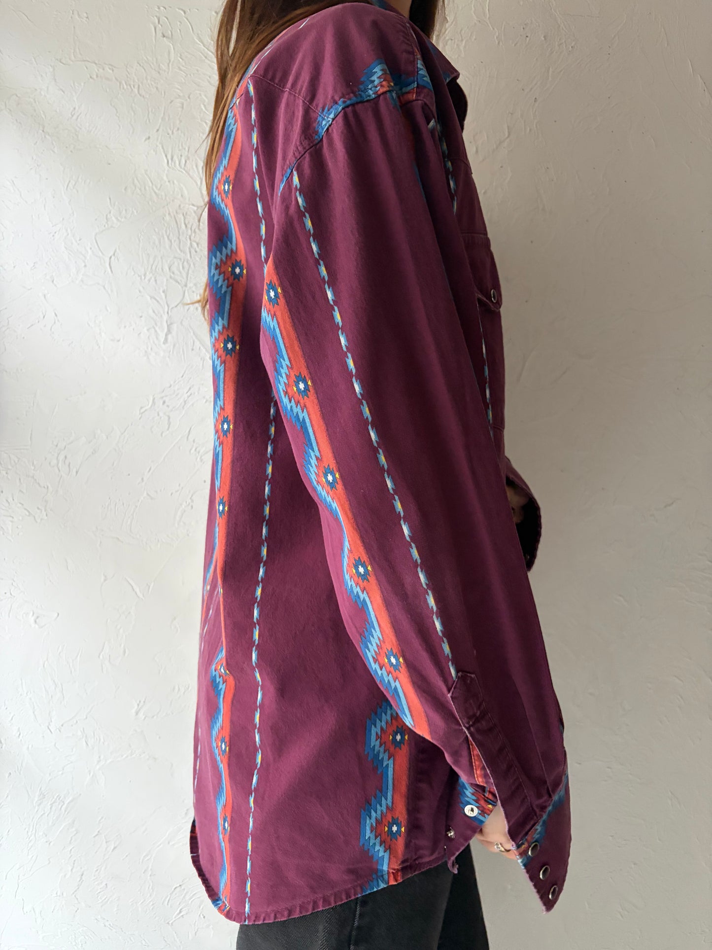 Y2k 'Wrangler' Retro Patterned Western Snap Up Shirt / Vintage 2000s Cowboy Work Wear Shirt / Large