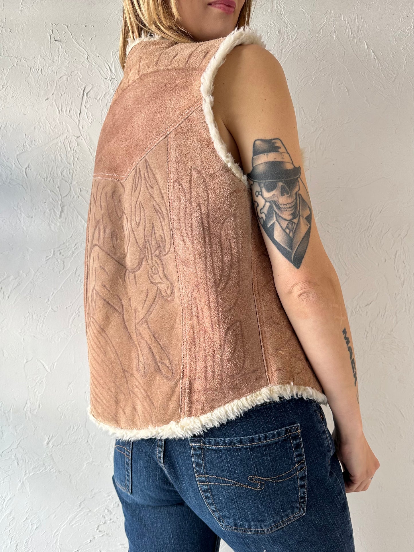 Vintage 'Genuine Leather' Embossed Suede Faux Fur Lined Vest / Large